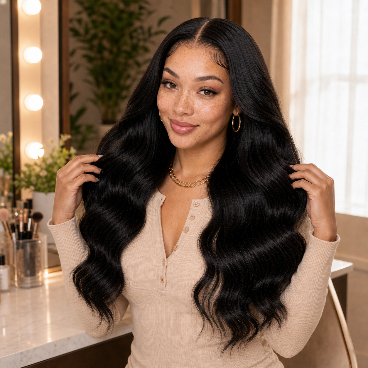 Laced Baddies model wearing fluffy body wave hair Thumb